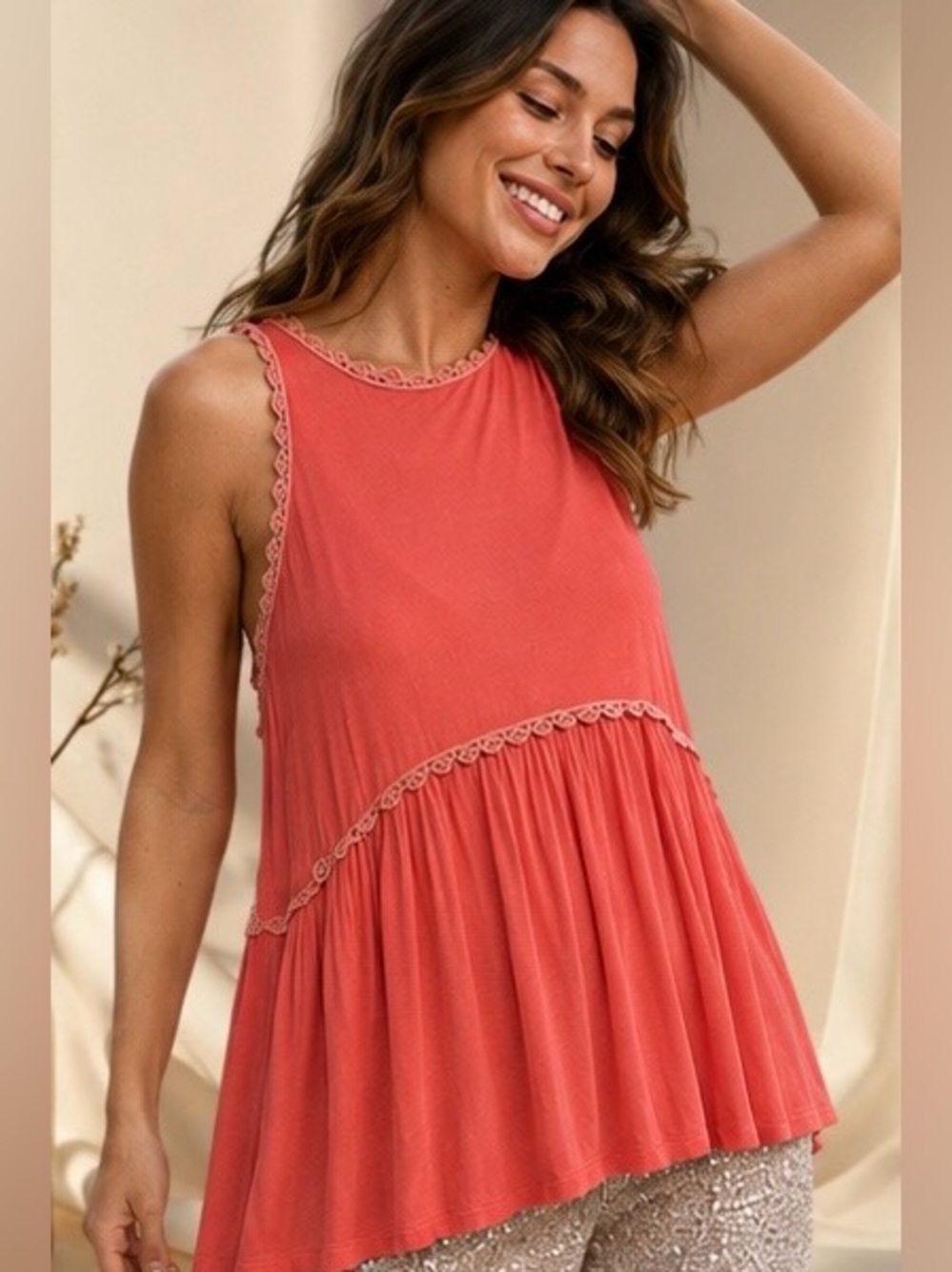POL Coral Babydoll Top Flowy Silhouette Sleeveless Tank Top - Picture 5 of 8